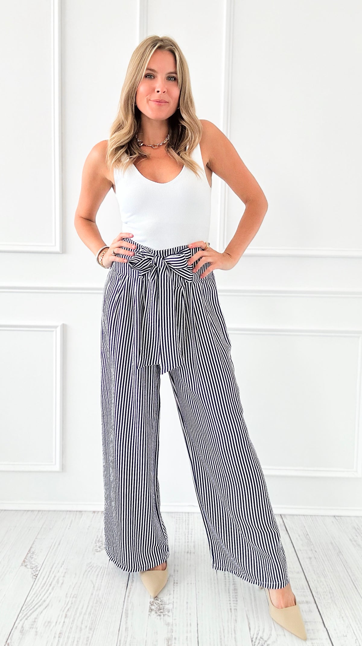 Stripe Front Bow Italian Pant-100 Pants-Italianissimo-Coastal Bloom Boutique, find the trendiest versions of the popular styles and looks Located in Indialantic, FL