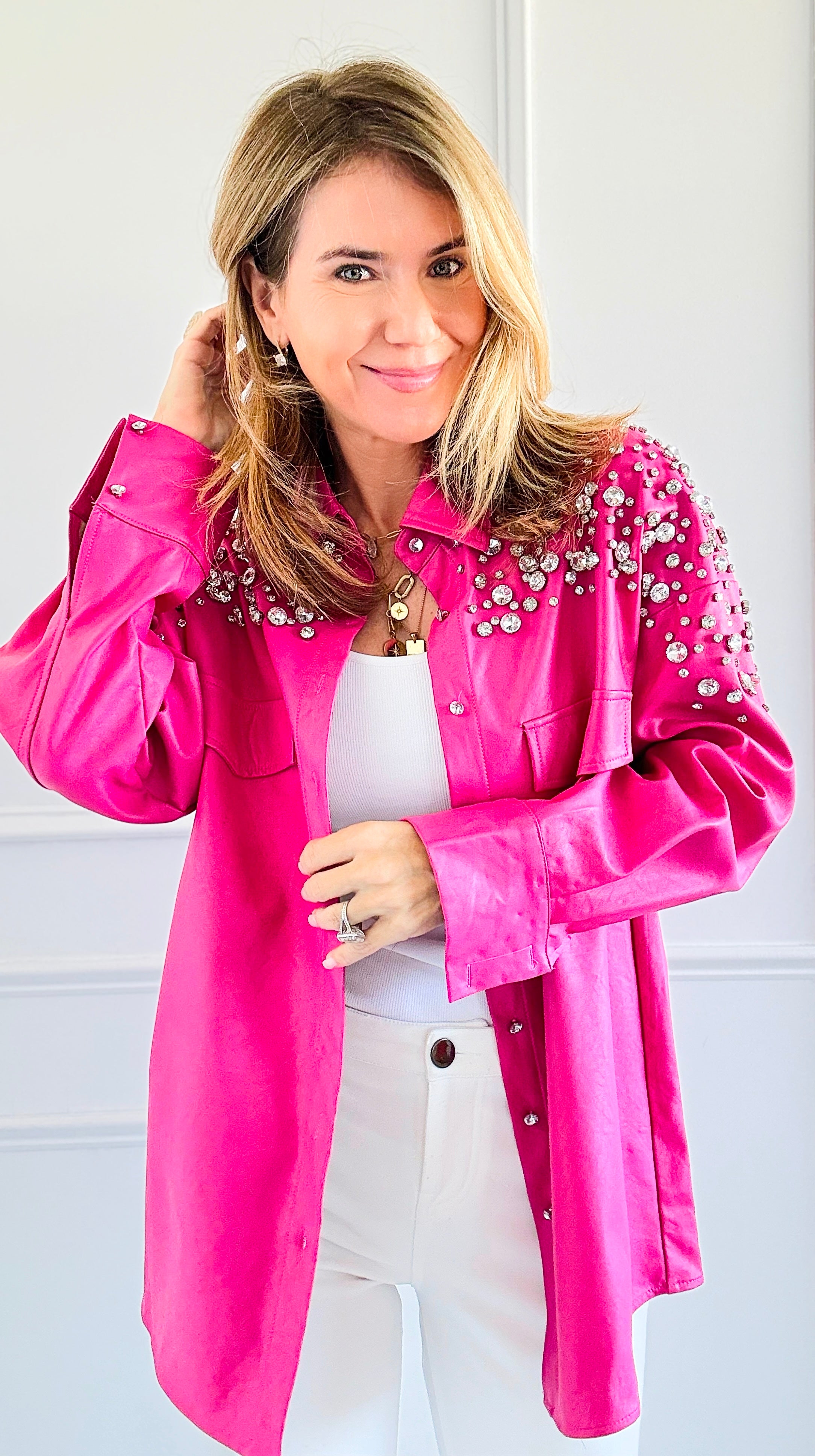 Shimmering Elegance Button-Down Jacket - Pink-160 Jackets-SALT-Coastal Bloom Boutique, find the trendiest versions of the popular styles and looks Located in Indialantic, FL