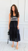 Contrast Smocked Tiered Midi Dress