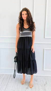 Contrast Smocked Tiered Midi Dress