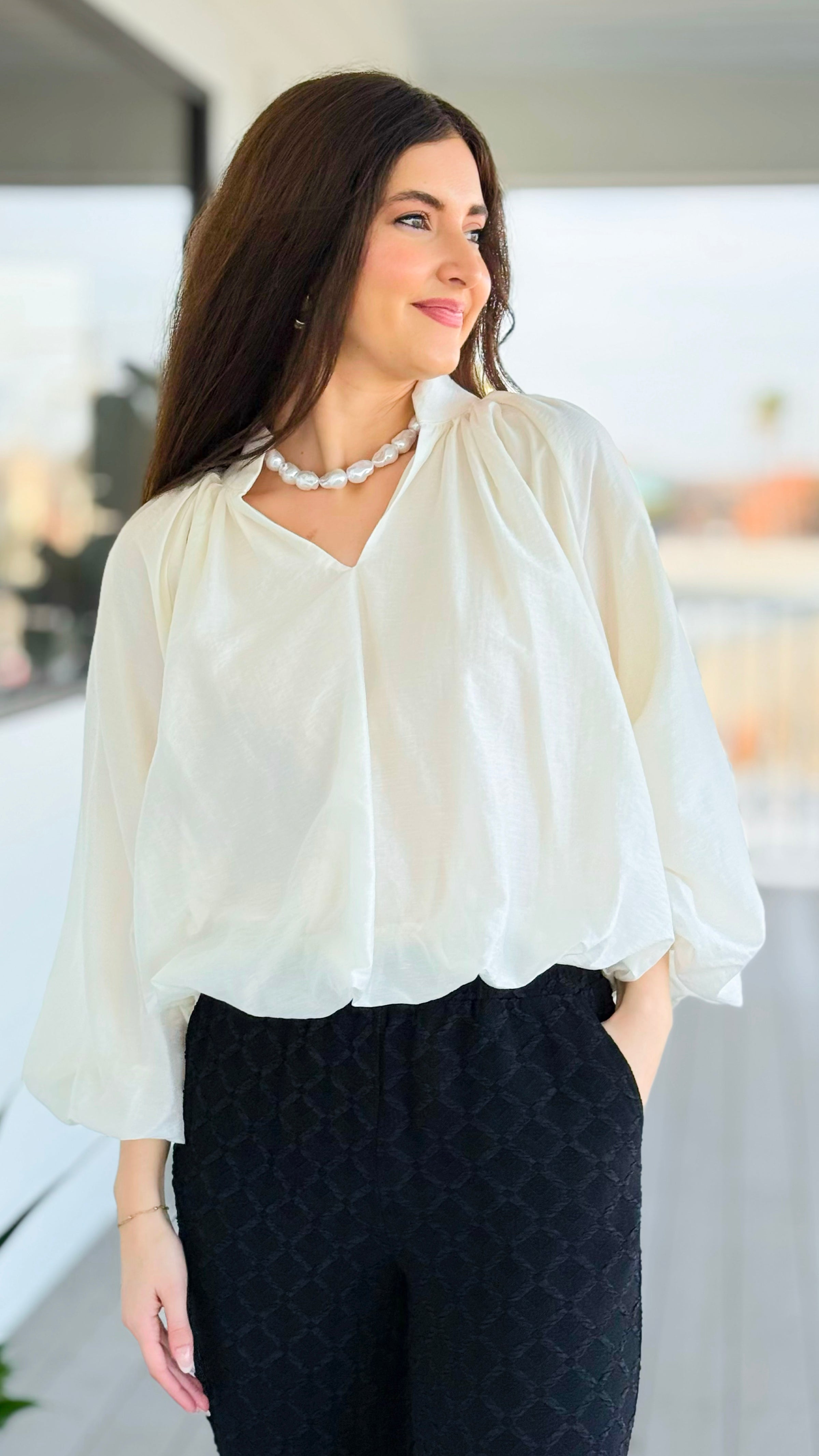 Cloud Nine Split Neck Top - Ecru