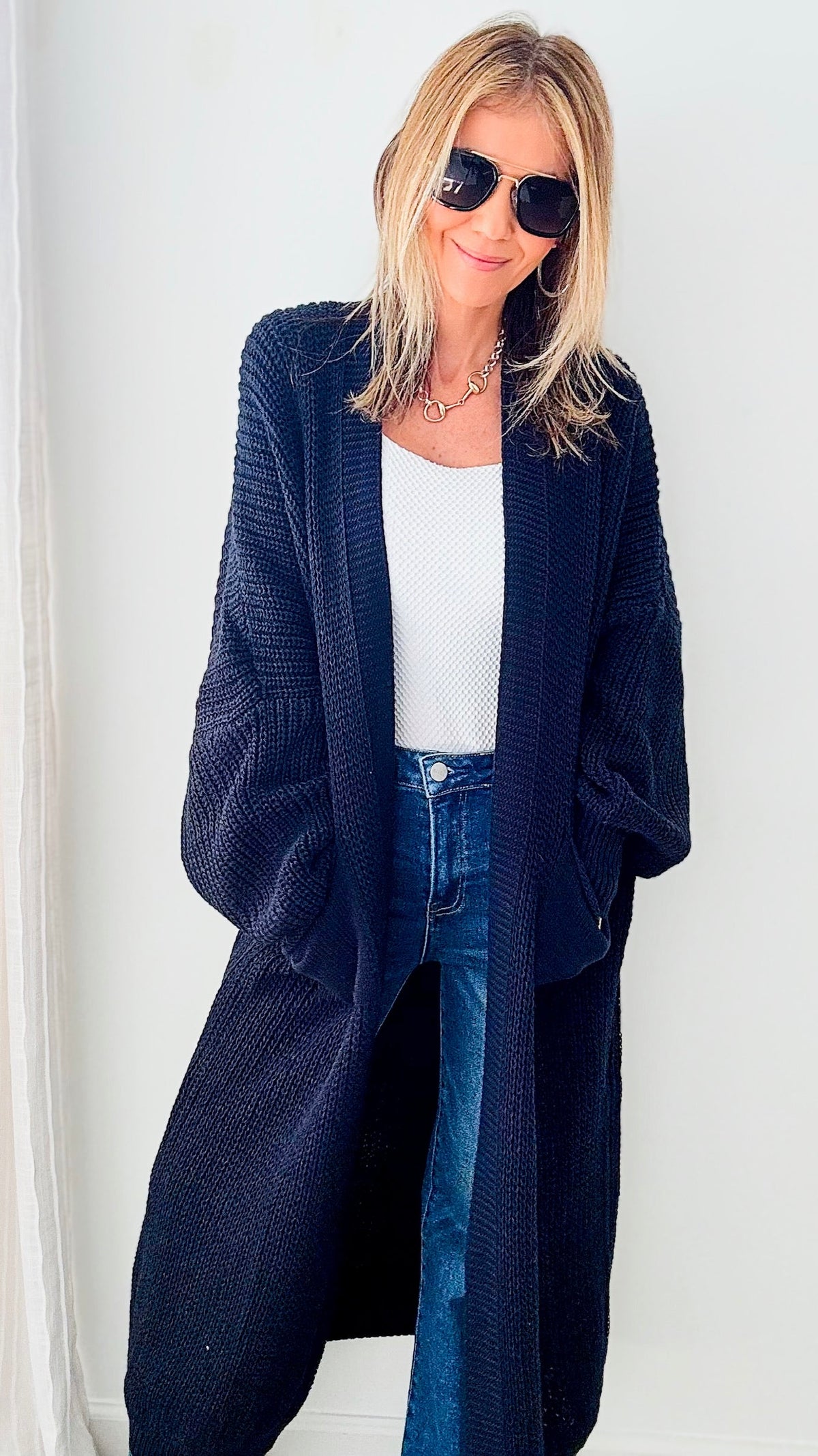 Sugar High Long Italian Cardigan - Navy-150 Cardigans/Layers-Italianissimo-Coastal Bloom Boutique, find the trendiest versions of the popular styles and looks Located in Indialantic, FL
