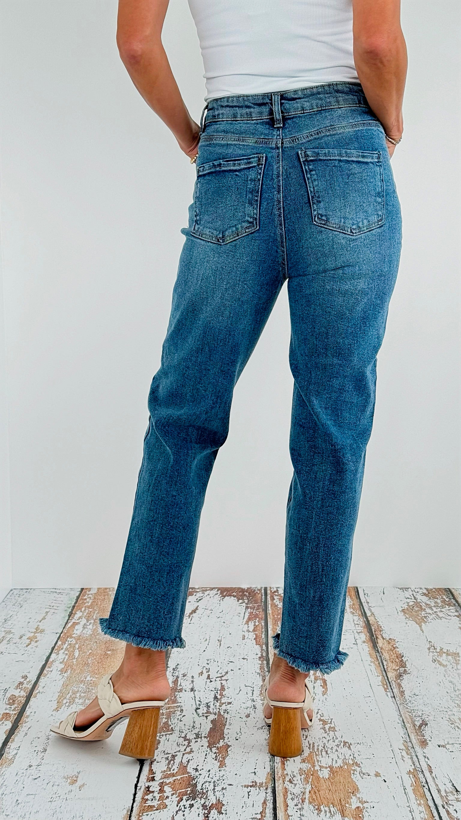 Distressed Capri Jean-190 Denim-Blue Age-Coastal Bloom Boutique, find the trendiest versions of the popular styles and looks Located in Indialantic, FL