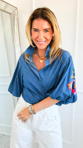 Bloom Stitch Puff Sleeve Italian Button Top