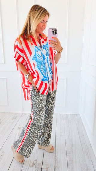 Wild Leopard Print Wide Leg Pants - Red Heart