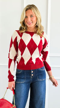 Heritage Charm Argyle Sweater - Burgundy-140 Sweaters-IRIS-Coastal Bloom Boutique, find the trendiest versions of the popular styles and looks Located in Indialantic, FL