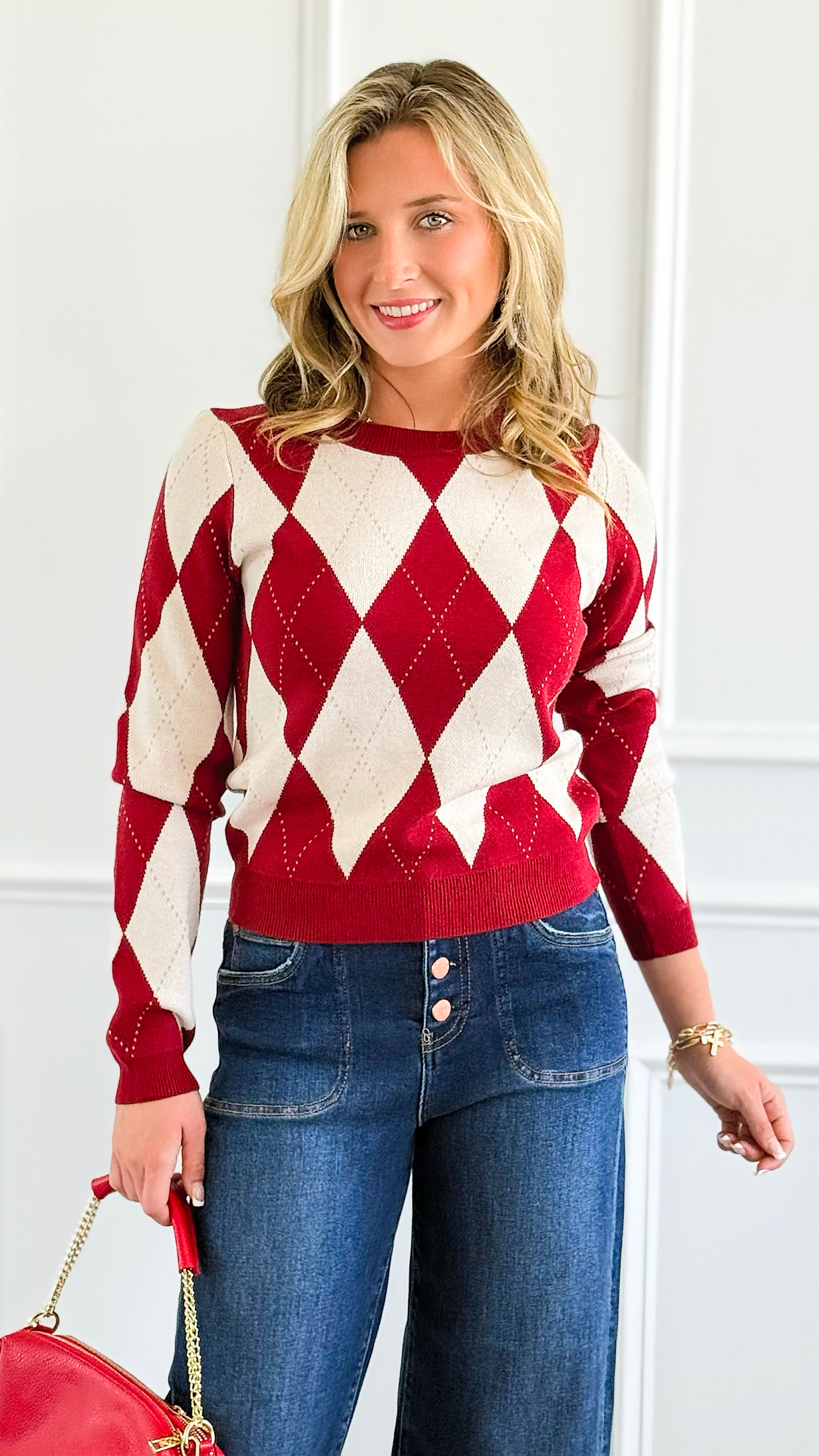 Heritage Charm Argyle Sweater - Burgundy-140 Sweaters-IRIS-Coastal Bloom Boutique, find the trendiest versions of the popular styles and looks Located in Indialantic, FL