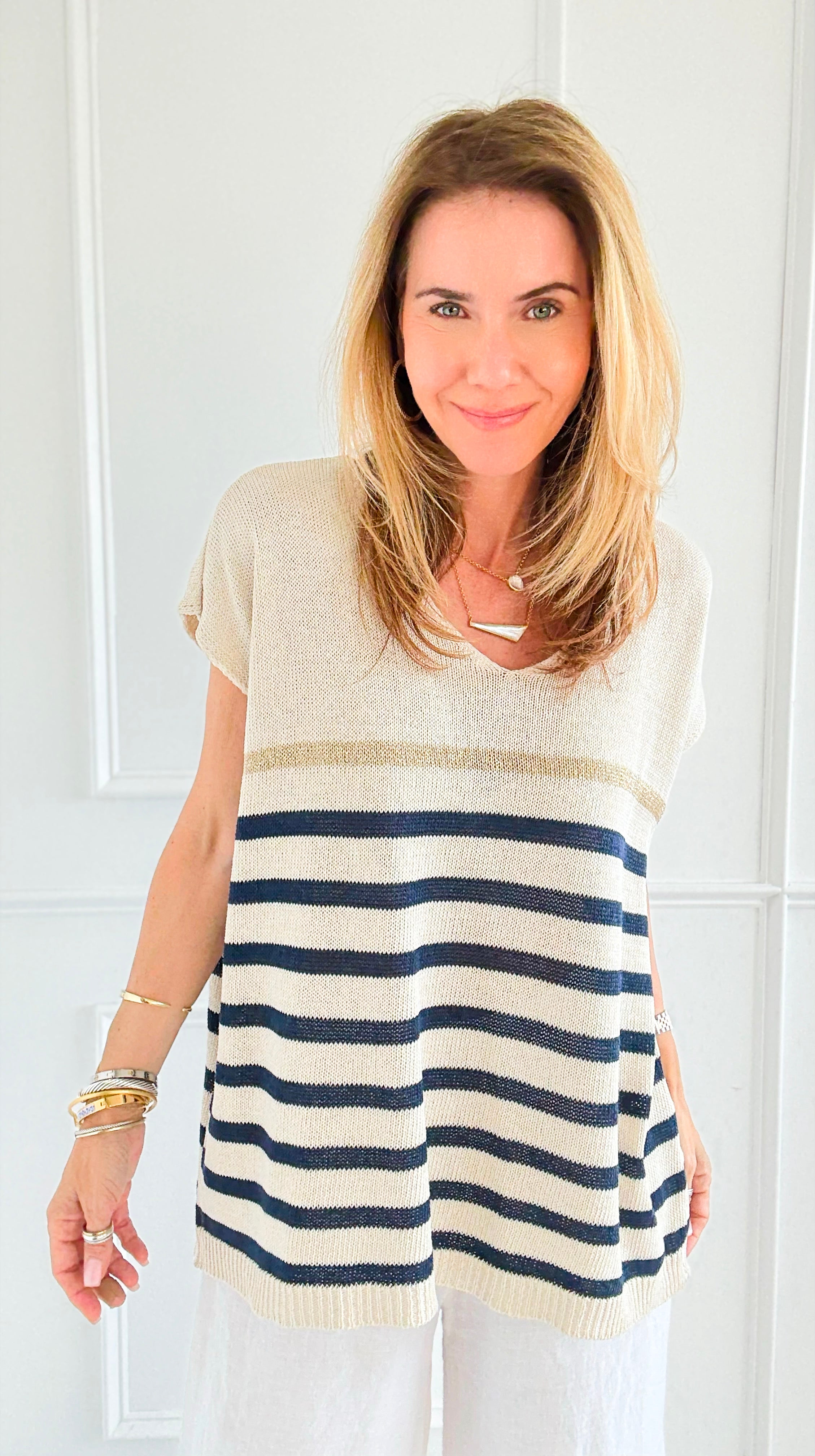 Sailor Stripe Italian Vest- Navy-100 Sleeveless Tops-LY PARIS-Coastal Bloom Boutique, find the trendiest versions of the popular styles and looks Located in Indialantic, FL
