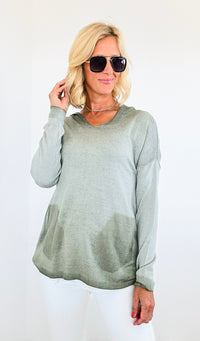 Hoodie V-Neck Italian Sweatshirt Top - Olive-130 Long Sleeve Tops-Tempo-Coastal Bloom Boutique, find the trendiest versions of the popular styles and looks Located in Indialantic, FL