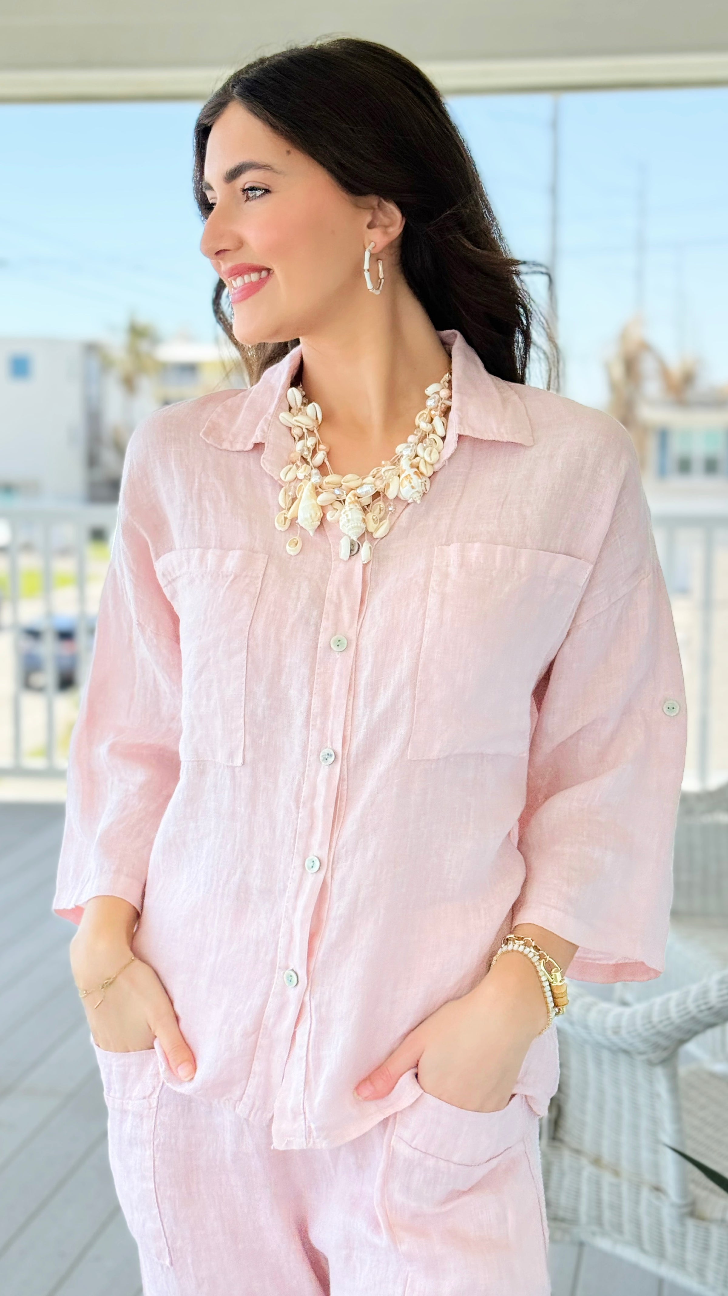 Riviera Days Linen Italian Button Top- Blush