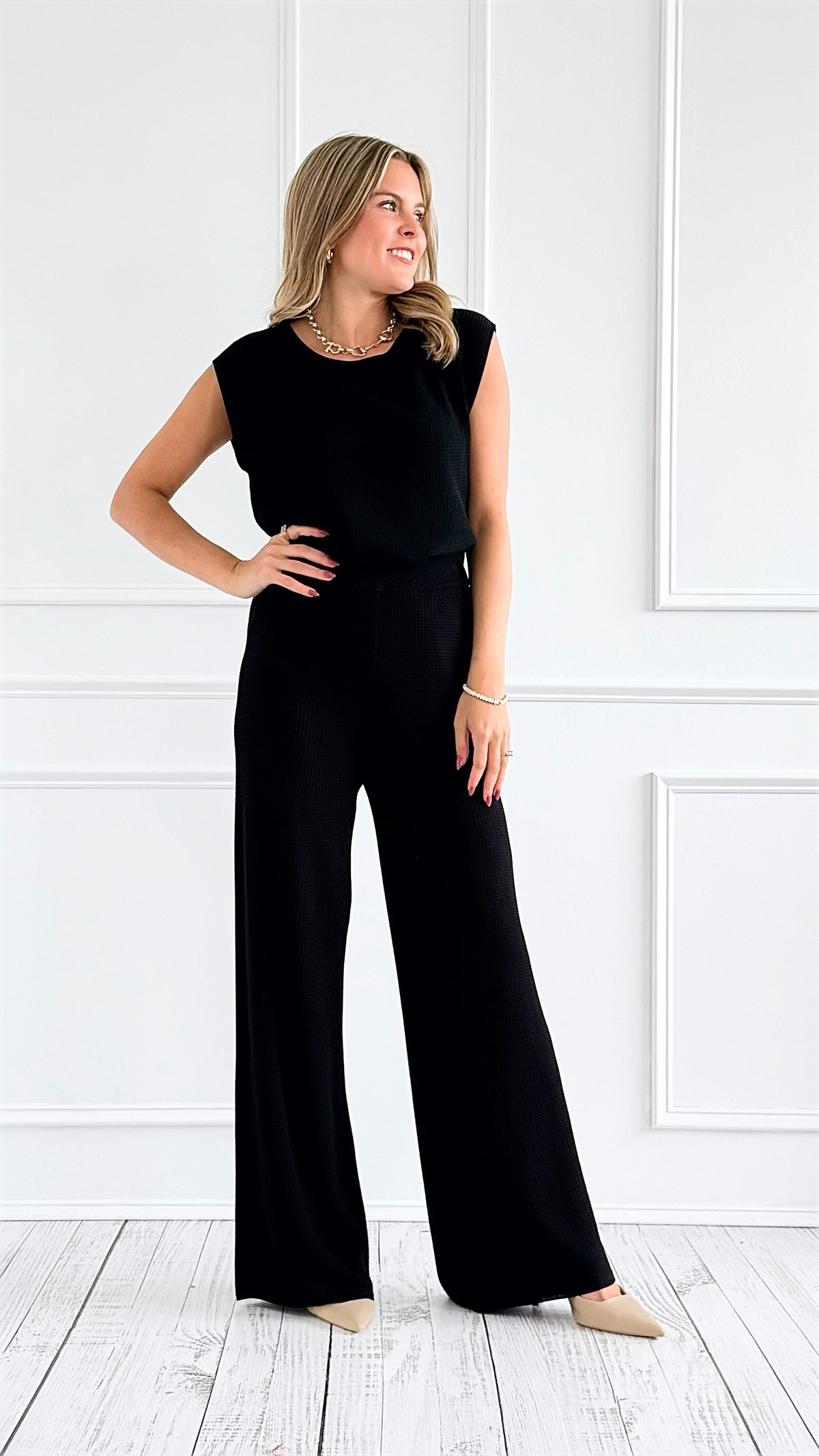 Hampton Waffle Knit Pants - Black-170 Bottoms-original usa-Coastal Bloom Boutique, find the trendiest versions of the popular styles and looks Located in Indialantic, FL