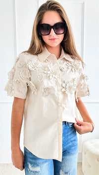 Flower Appliques Short Sleeved Blouse - Beige-110 Short Sleeve Tops-JJ'S FAIRYLAND-Coastal Bloom Boutique, find the trendiest versions of the popular styles and looks Located in Indialantic, FL
