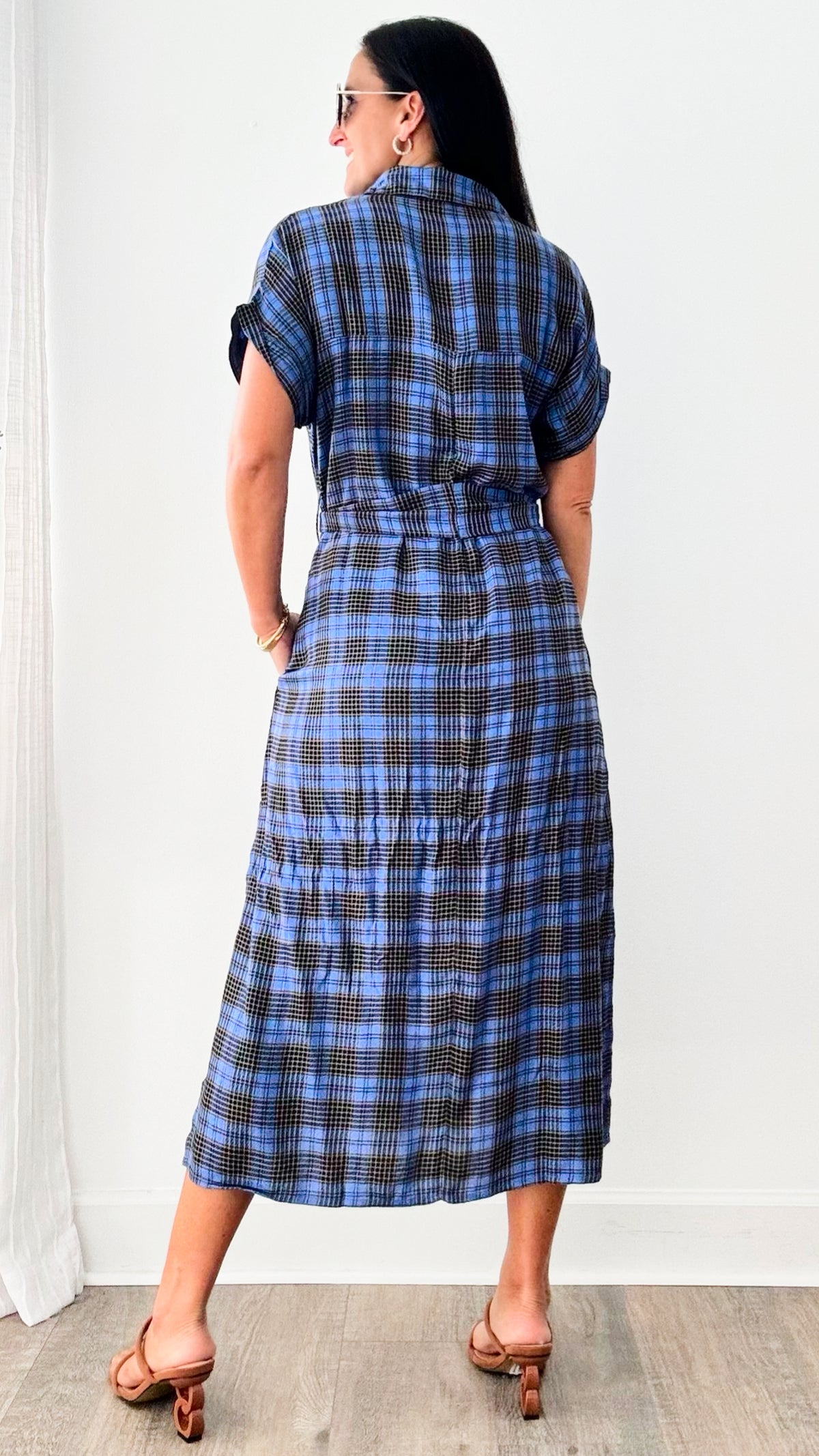 Indigo Plaid Button Down Dress-200 Dresses/Jumpsuits/Rompers-en creme-Coastal Bloom Boutique, find the trendiest versions of the popular styles and looks Located in Indialantic, FL