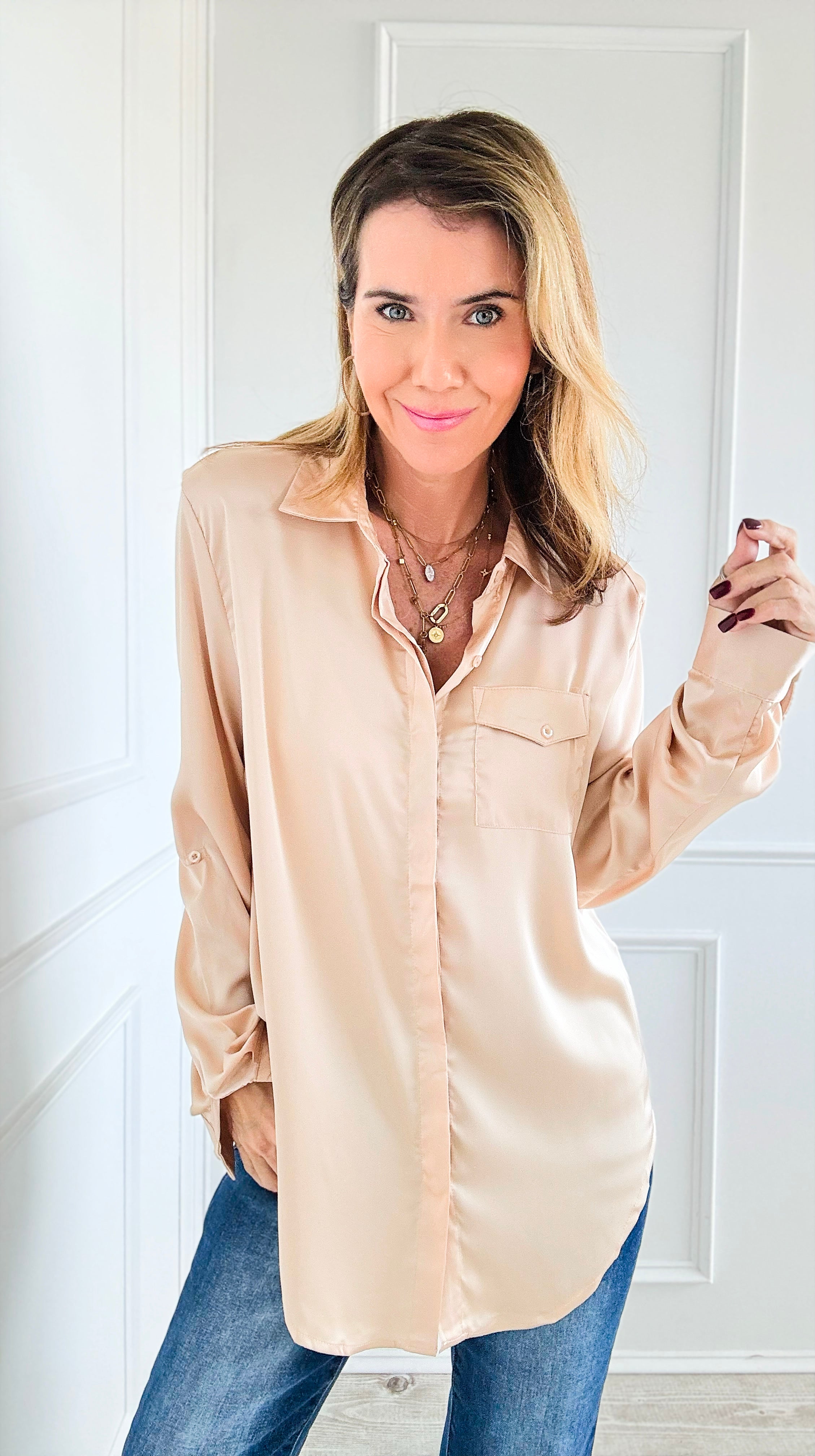 Luxe Satin Dream Blouse Top - Beige-130 Long Sleeve Tops-Michel-Coastal Bloom Boutique, find the trendiest versions of the popular styles and looks Located in Indialantic, FL