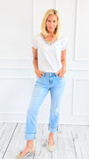 Shimmer Trim V-Neck Italian Top- White-110 short Sleeve Top-SARL LACOMY-Coastal Bloom Boutique, find the trendiest versions of the popular styles and looks Located in Indialantic, FL