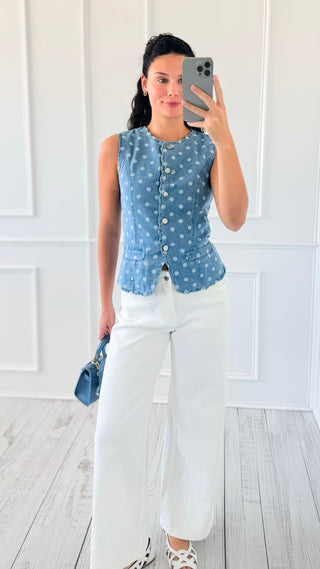 Polka Dot Scalloped Denim Top