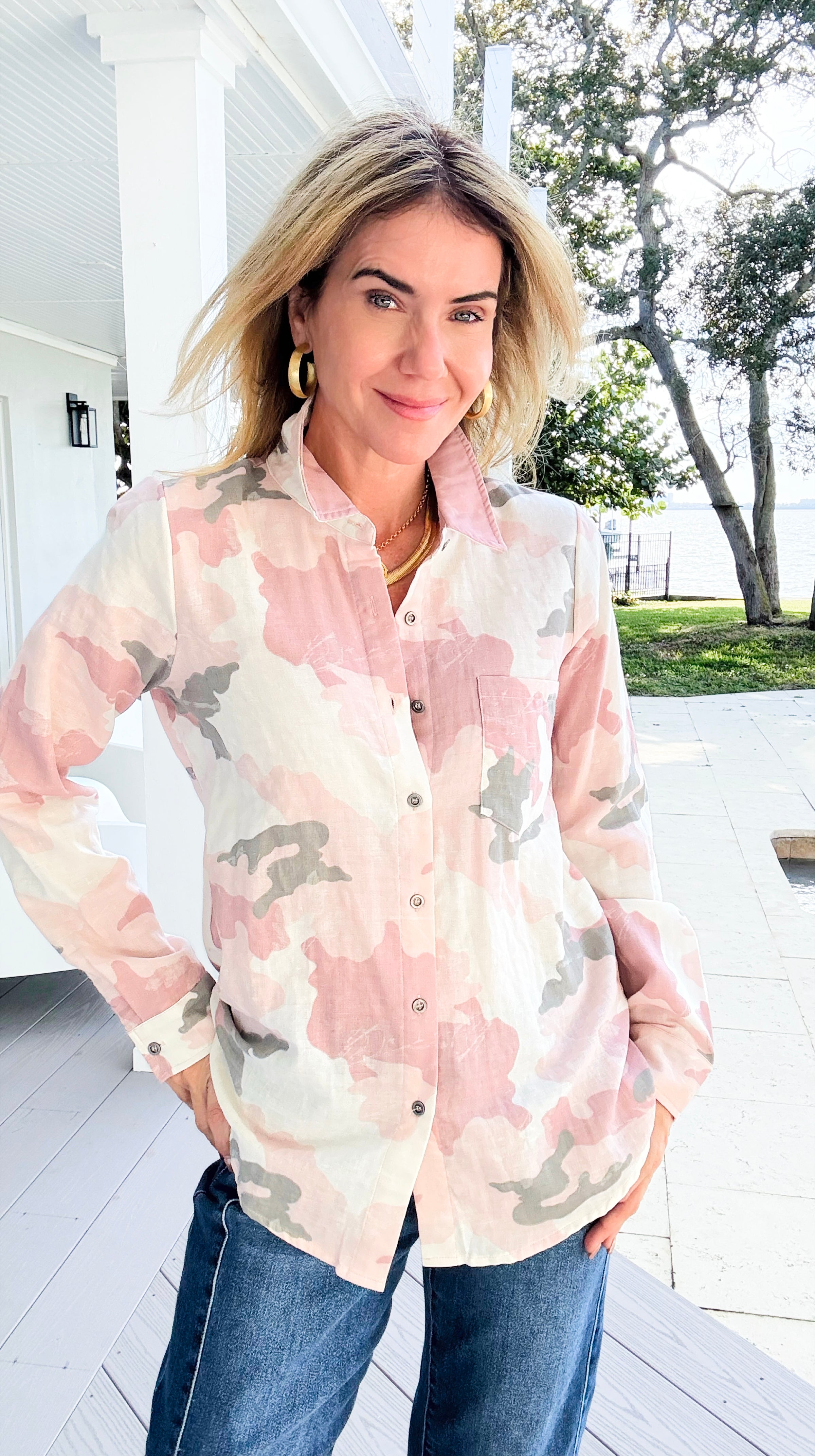 Urban Camo Button Down Top - Rose