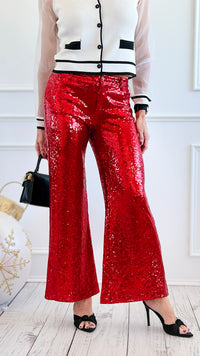 Boujie Holiday Sequin Flare Pants - Red-100 Pants-SO ME-Coastal Bloom Boutique, find the trendiest versions of the popular styles and looks Located in Indialantic, FL