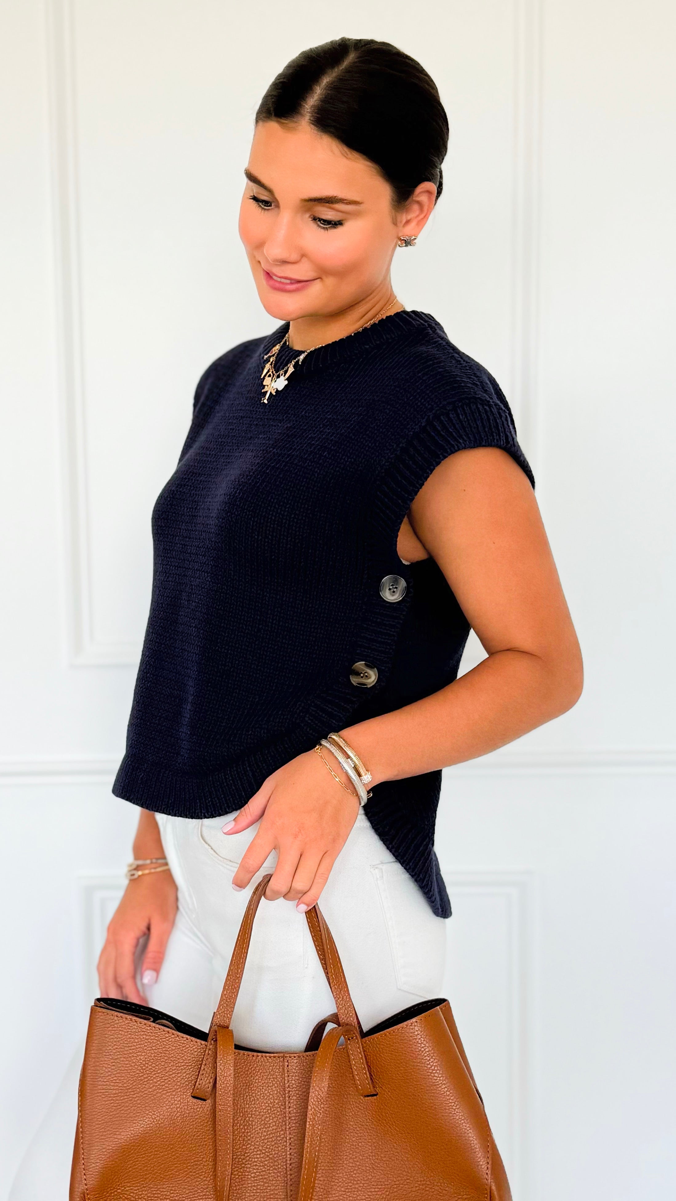 Signature Side Button Knit Vest - Midnight Navy-150 Cardigans/Layers-idem ditto-Coastal Bloom Boutique, find the trendiest versions of the popular styles and looks Located in Indialantic, FL