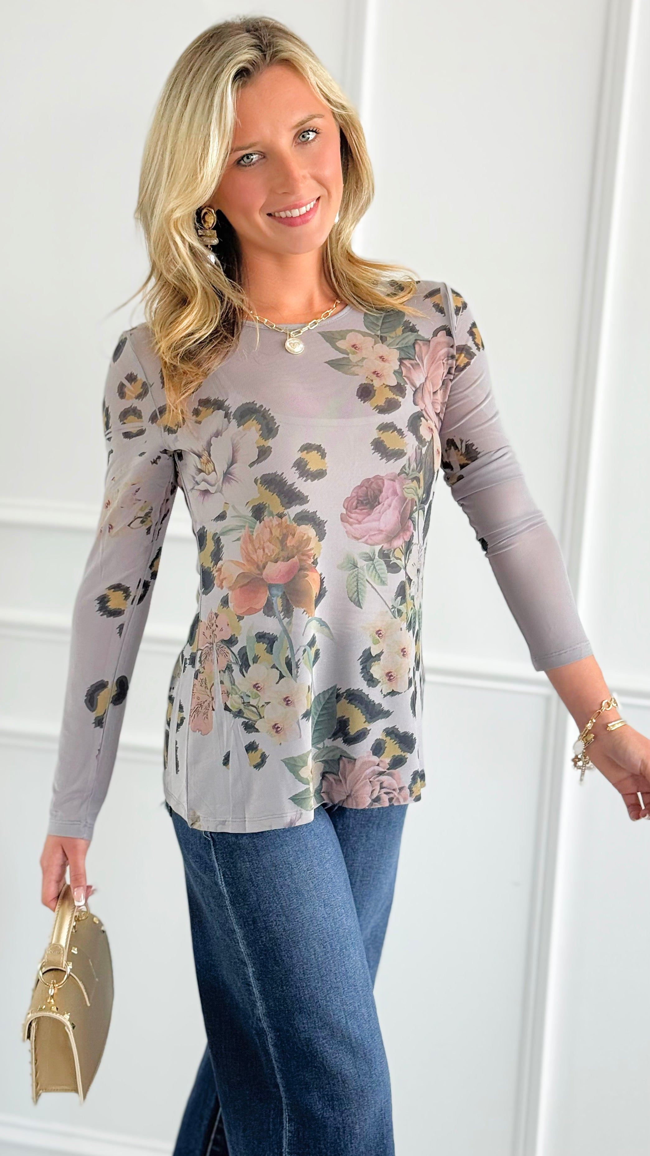Wild Beauty Long Sleeved Mesh Top - Grey-110 Long Sleeve Tops-Origami Fashion Inc-Coastal Bloom Boutique, find the trendiest versions of the popular styles and looks Located in Indialantic, FL