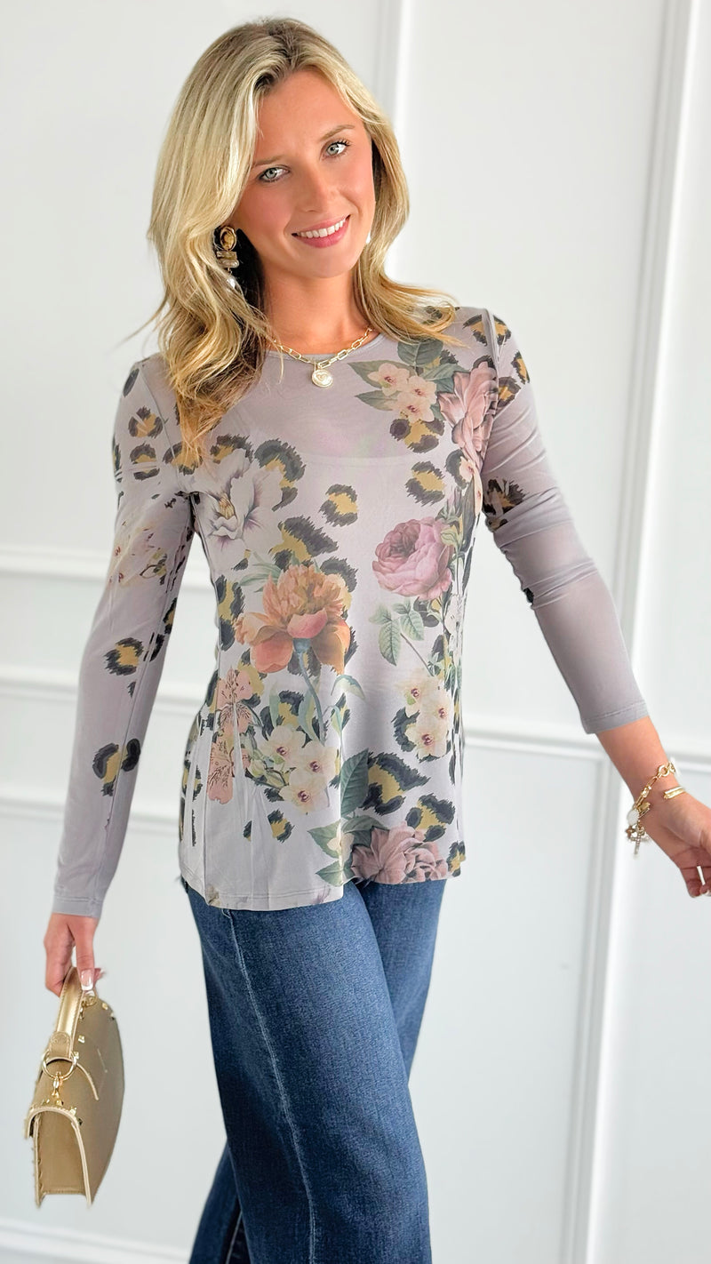 Wild Beauty Long Sleeved Mesh Top - Grey-110 Long Sleeve Tops-Origami Fashion Inc-Coastal Bloom Boutique, find the trendiest versions of the popular styles and looks Located in Indialantic, FL