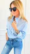 Sophia Ruffled Italian Shirt- Sky Blue-110 Long Sleeve Tops-TATTOO Z-Coastal Bloom Boutique, find the trendiest versions of the popular styles and looks Located in Indialantic, FL