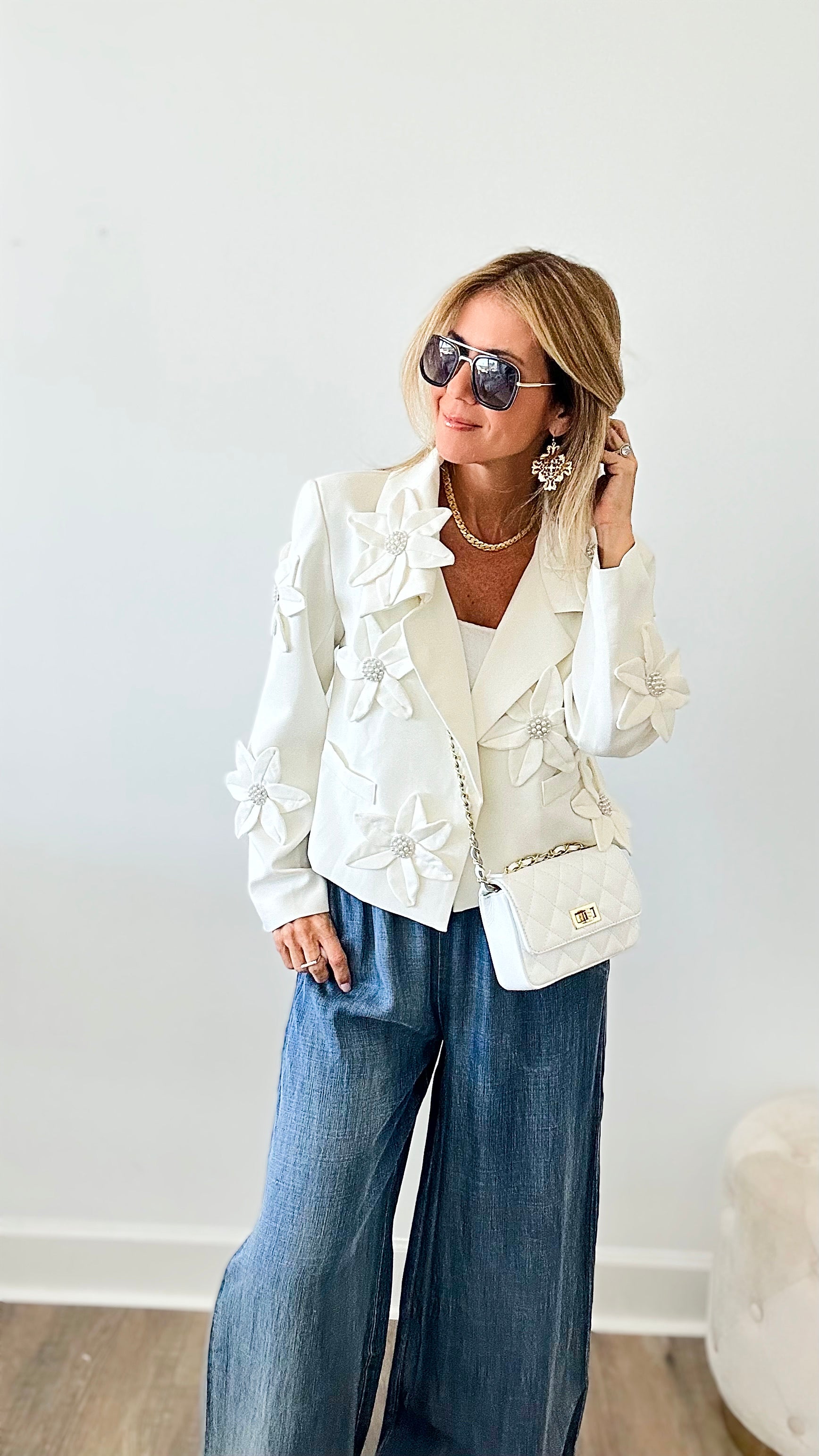 Popping Petunia Blazer - White-160 Jackets-LA' ROS-Coastal Bloom Boutique, find the trendiest versions of the popular styles and looks Located in Indialantic, FL