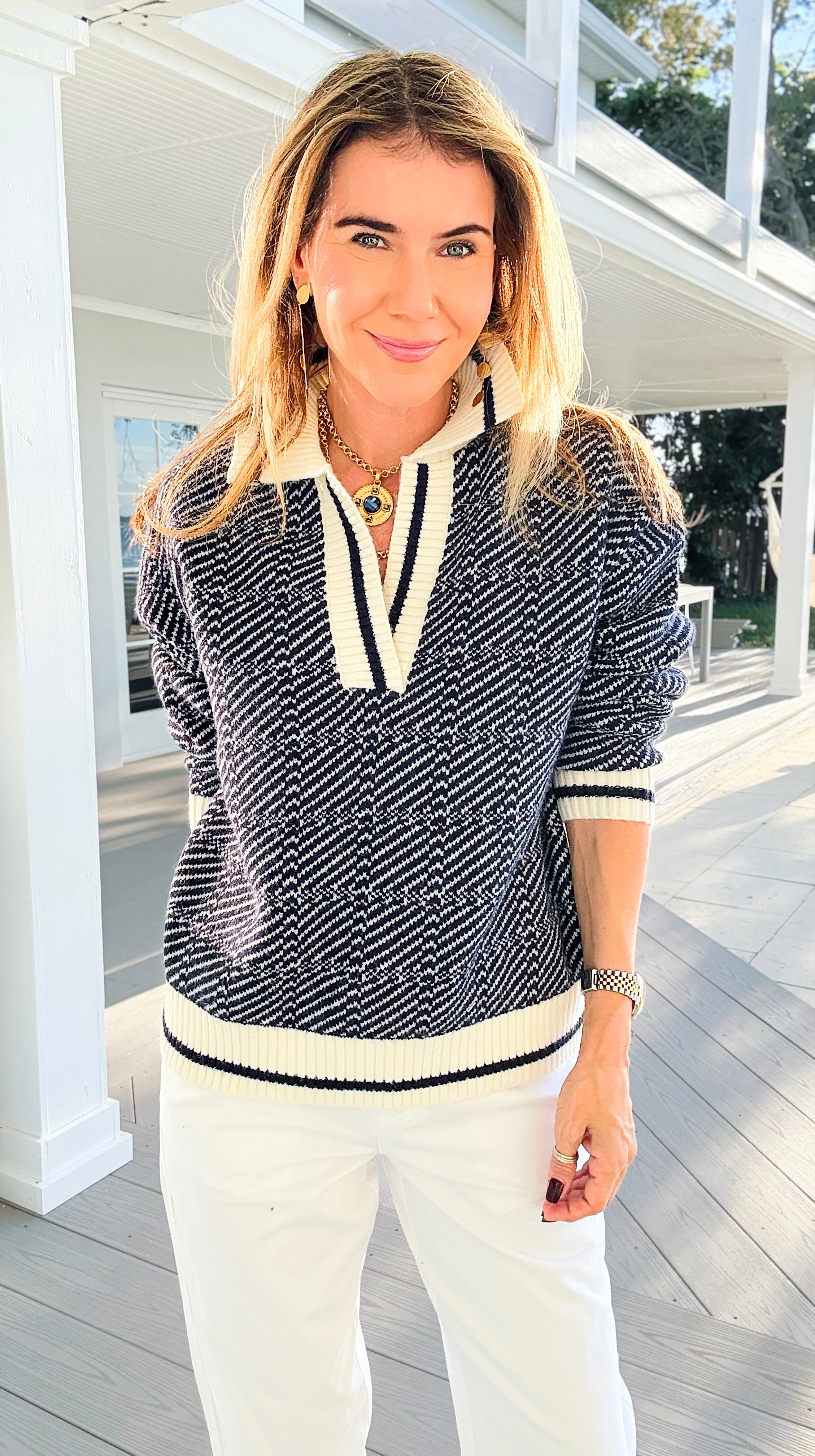 Geometric Stripe Collared Sweater-140 Sweaters-Blu Pepper-Coastal Bloom Boutique, find the trendiest versions of the popular styles and looks Located in Indialantic, FL
