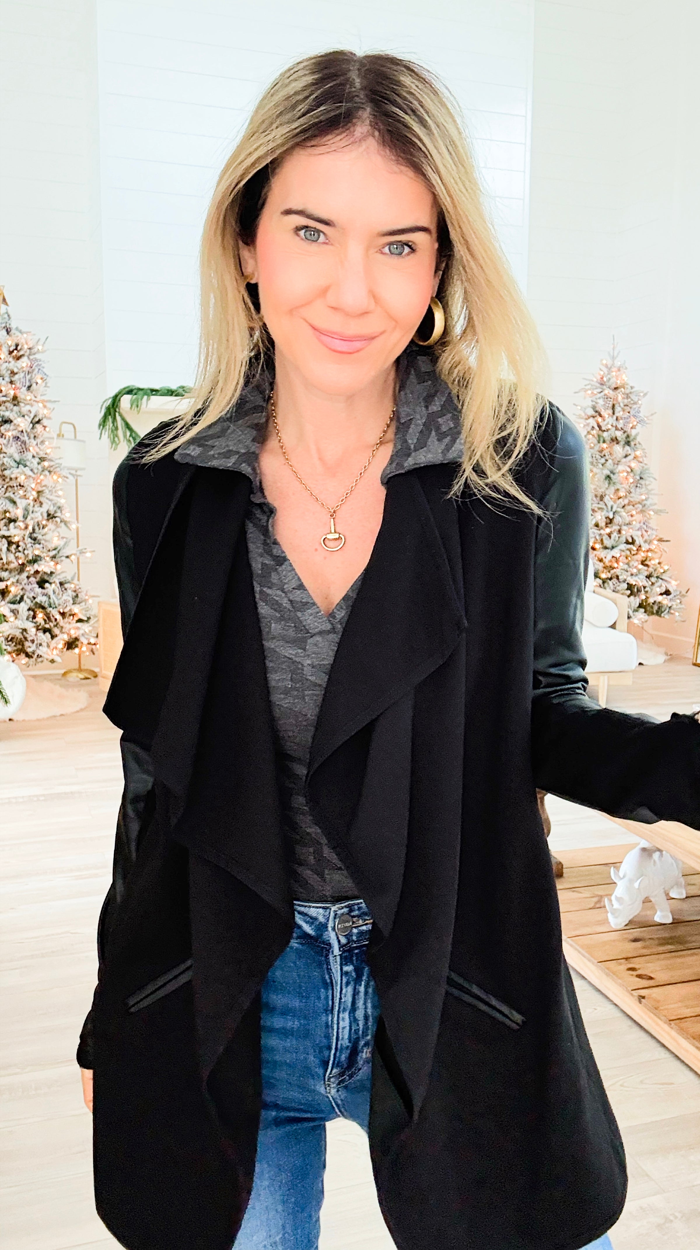 Vegan Leather Sleeve Waterfall Jacket-160 Jackets-Mono B-Coastal Bloom Boutique, find the trendiest versions of the popular styles and looks Located in Indialantic, FL