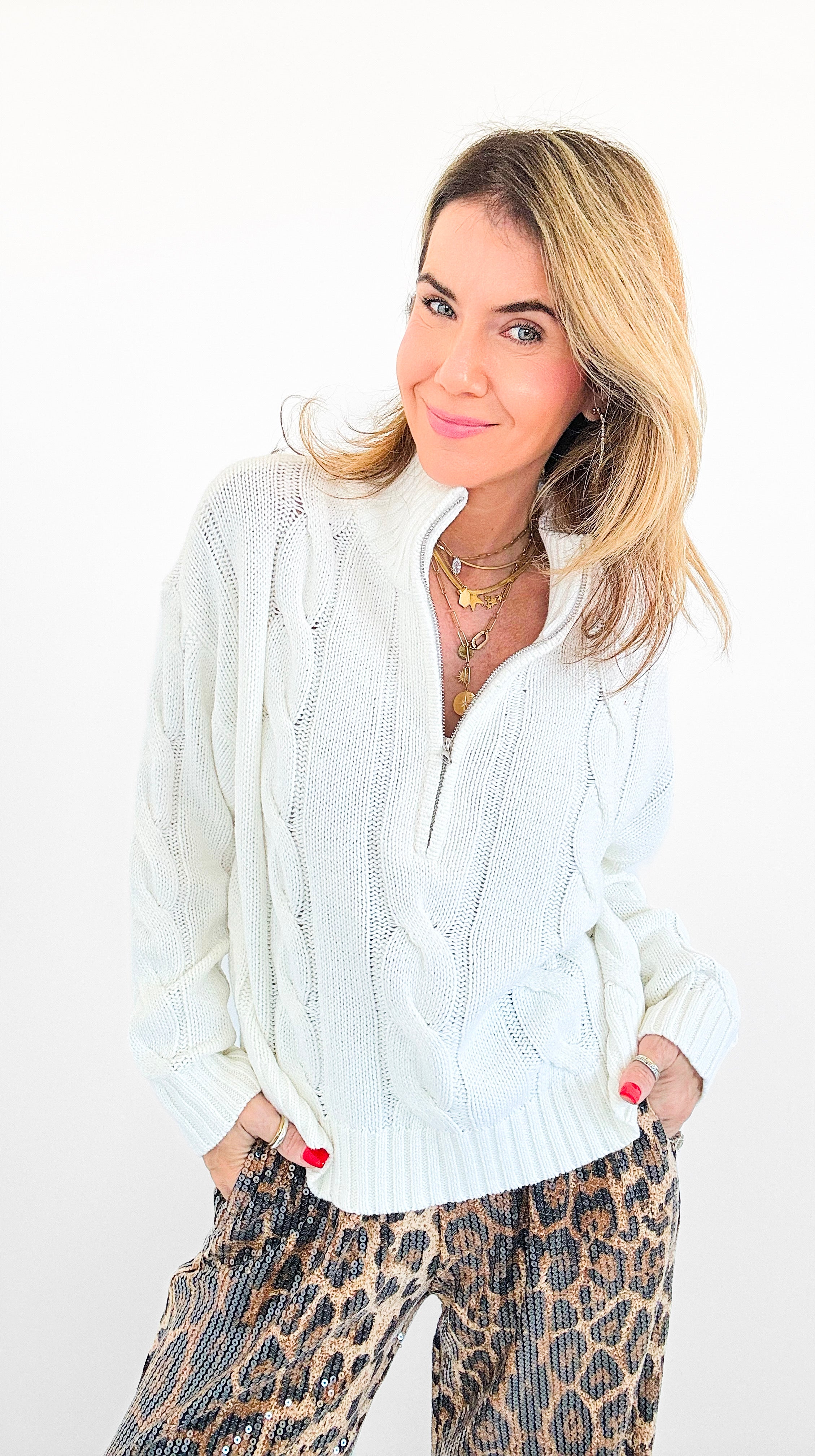 Chic Cable Knit Zip Sweater-140 Sweaters-SUGARLIPS-Coastal Bloom Boutique, find the trendiest versions of the popular styles and looks Located in Indialantic, FL