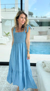 Chambray Smocked Maxi Dress-200 Dresses/Jumpsuits/Rompers-Blu Pepper-Coastal Bloom Boutique, find the trendiest versions of the popular styles and looks Located in Indialantic, FL