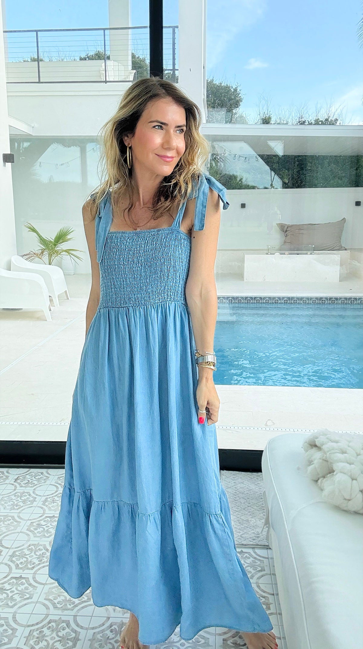 Chambray Smocked Maxi Dress-200 Dresses/Jumpsuits/Rompers-Blu Pepper-Coastal Bloom Boutique, find the trendiest versions of the popular styles and looks Located in Indialantic, FL