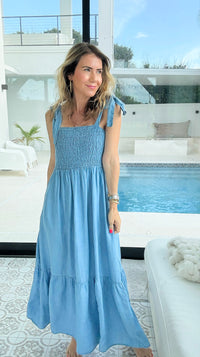 Chambray Smocked Maxi Dress-200 Dresses/Jumpsuits/Rompers-Blu Pepper-Coastal Bloom Boutique, find the trendiest versions of the popular styles and looks Located in Indialantic, FL
