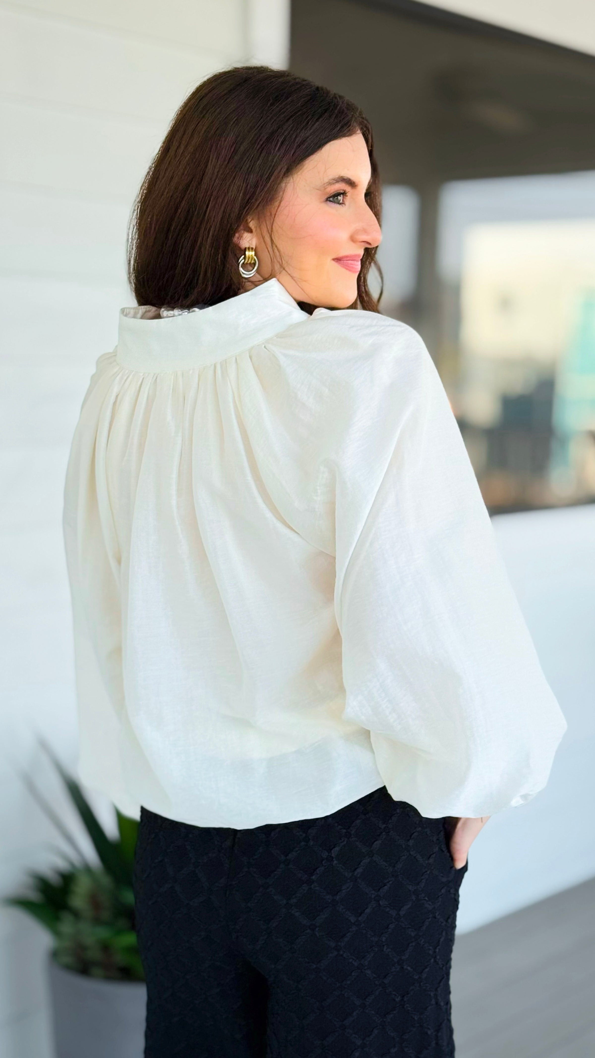 Cloud Nine Split Neck Top - Ecru