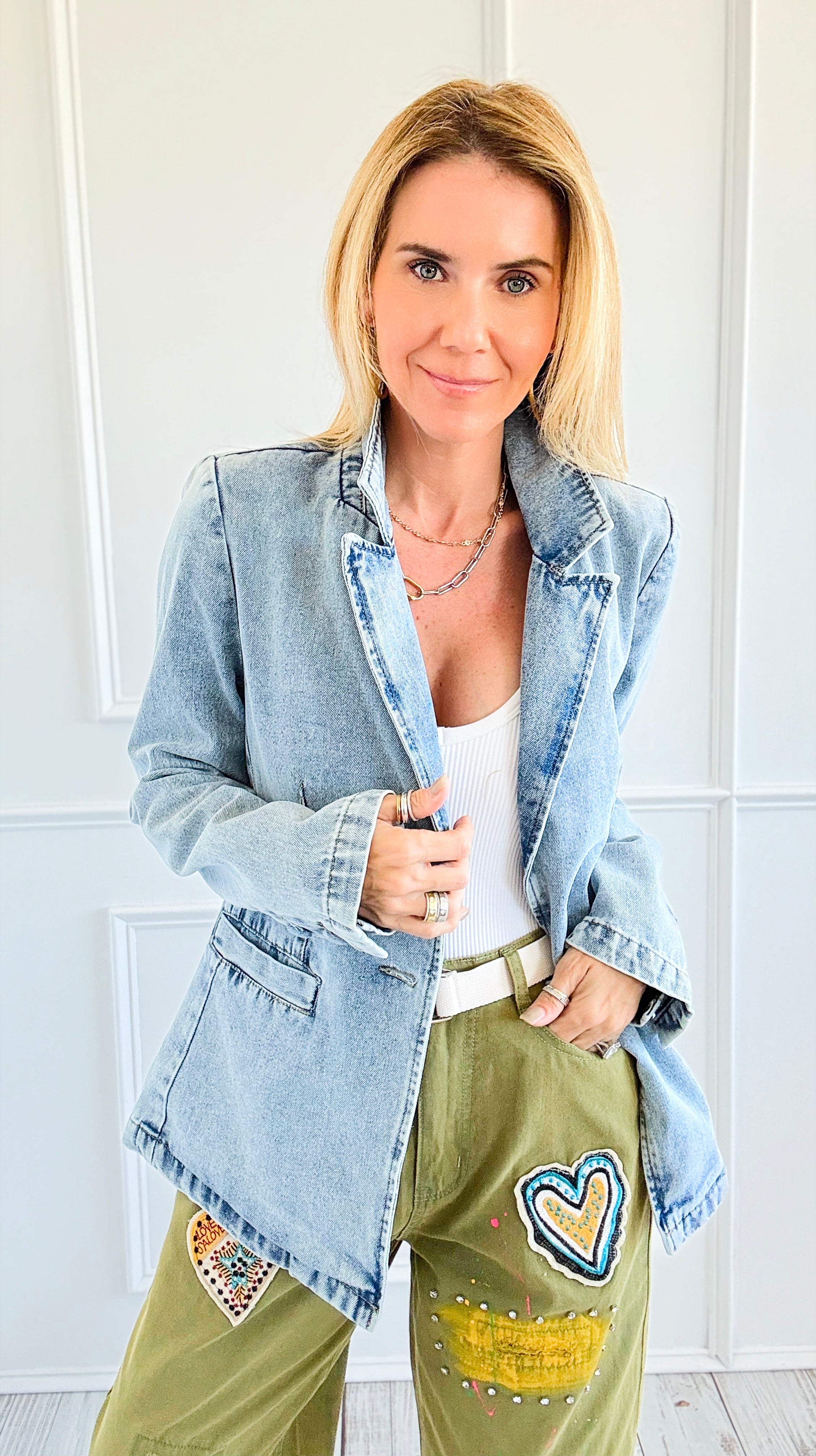 Washed Denim Blazer-160 Jackets-26 INTERNATIONAL-Coastal Bloom Boutique, find the trendiest versions of the popular styles and looks Located in Indialantic, FL