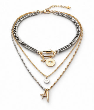 Multi-Layer Two Tone Lucky Eye Charm Carabiner Necklace