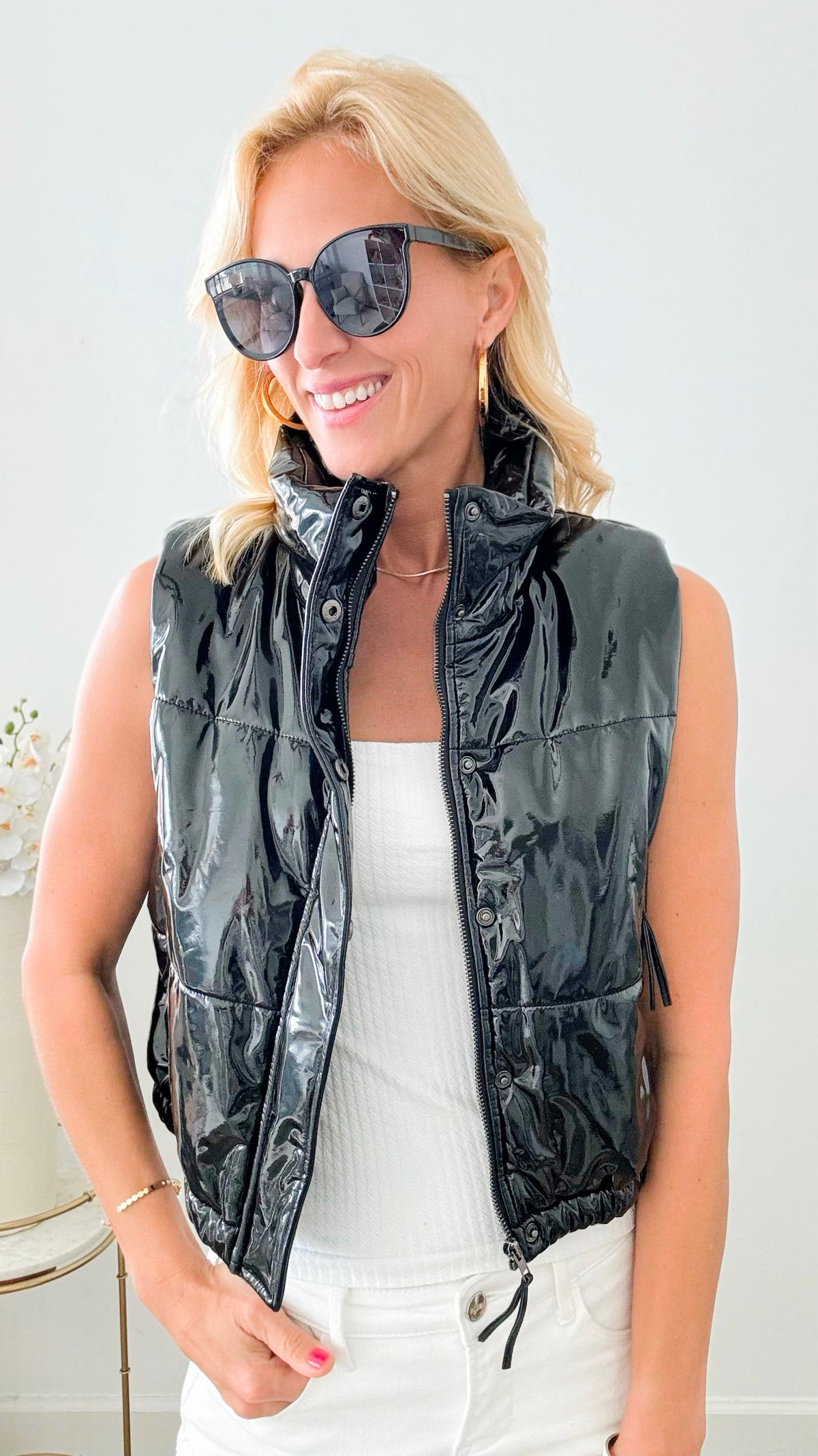 Patent Vegan Leather Button Up Vest-150 Cardigan Layers-Rousseau-Coastal Bloom Boutique, find the trendiest versions of the popular styles and looks Located in Indialantic, FL
