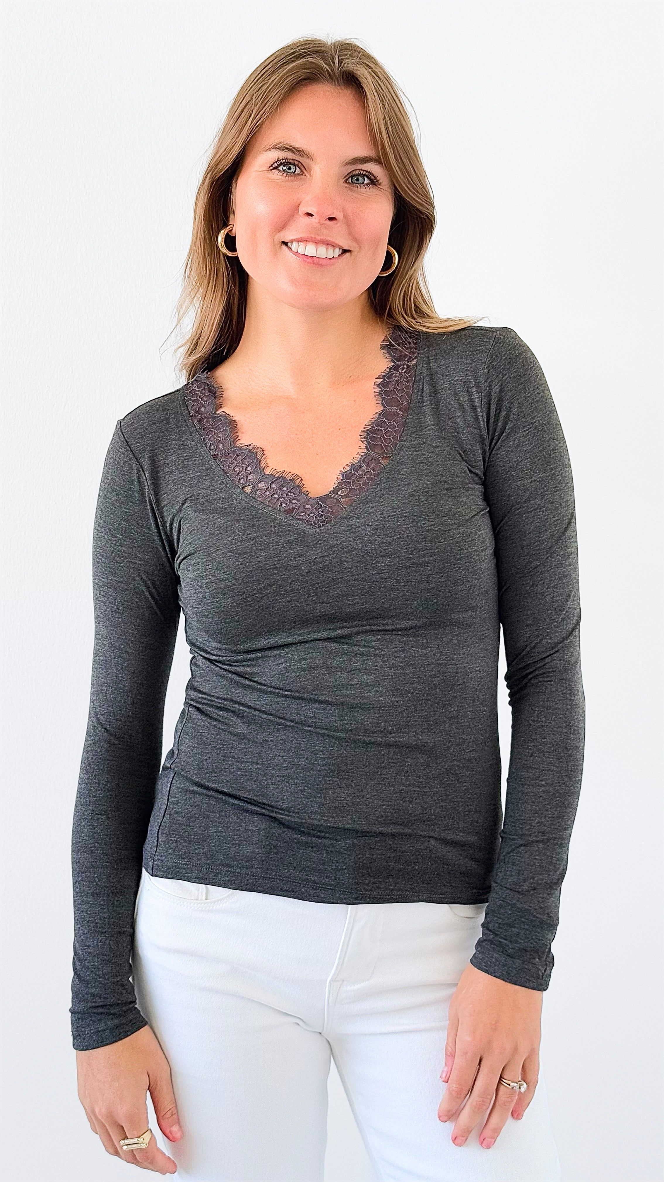 Soft Embrace Lace Trim Top - Charcoal-130 Long Sleeve Tops-mystree-Coastal Bloom Boutique, find the trendiest versions of the popular styles and looks Located in Indialantic, FL