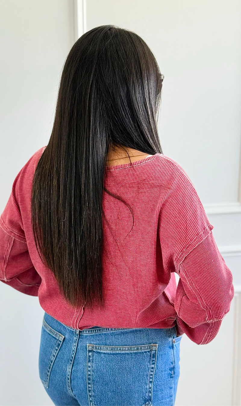 Waffle Knit Cropped Lounge Top - Garnet Red-110 Long Sleeve Tops-MONO B-Coastal Bloom Boutique, find the trendiest versions of the popular styles and looks Located in Indialantic, FL