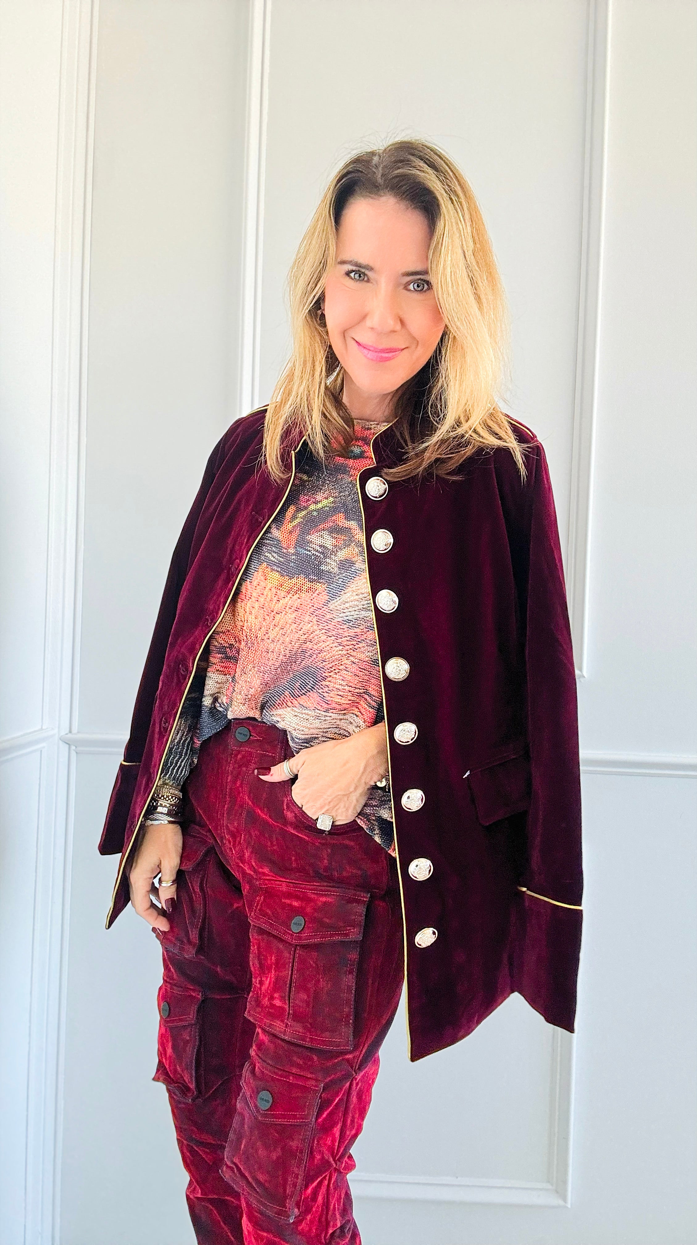 Majestic Velvet Military Blazer - Claret-160 Jackets-Cezele-Coastal Bloom Boutique, find the trendiest versions of the popular styles and looks Located in Indialantic, FL