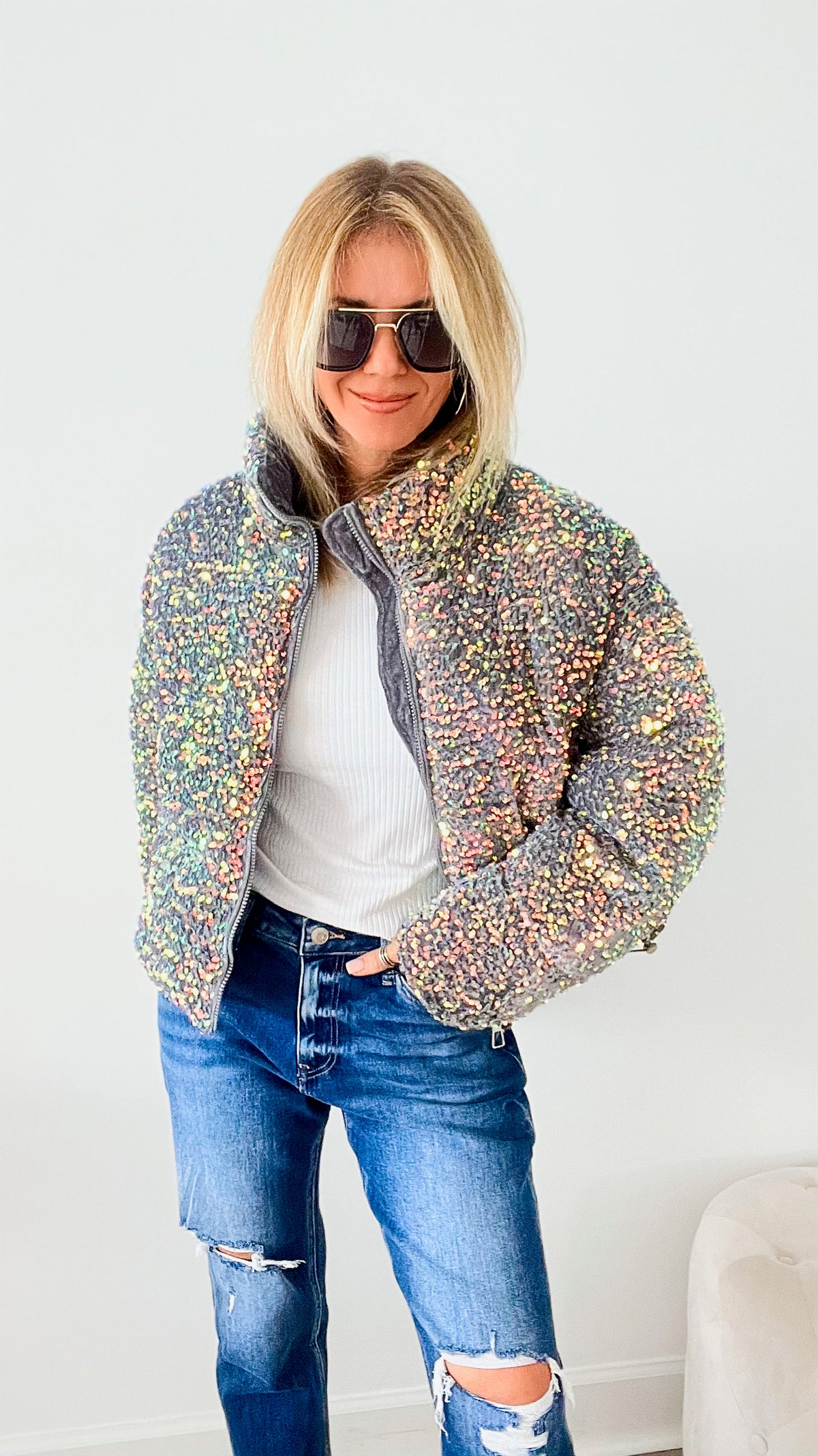 OMG Velvet Sequin Puff Jacket - Iridescent-160 Jackets-Zannza Couture/Yolly-Coastal Bloom Boutique, find the trendiest versions of the popular styles and looks Located in Indialantic, FL