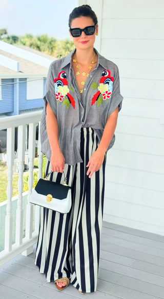 Tropical Bloom Parrot Embroidered Italian Button Top- Heather Grey