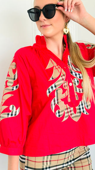 Plaid Appliqué Ruffle Neck Blouse Top - Red