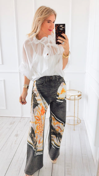 Sheer Romance Ruffle Tie Italian Blouse - White