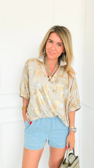 Metallic Puff Sleeve Top - Pearl