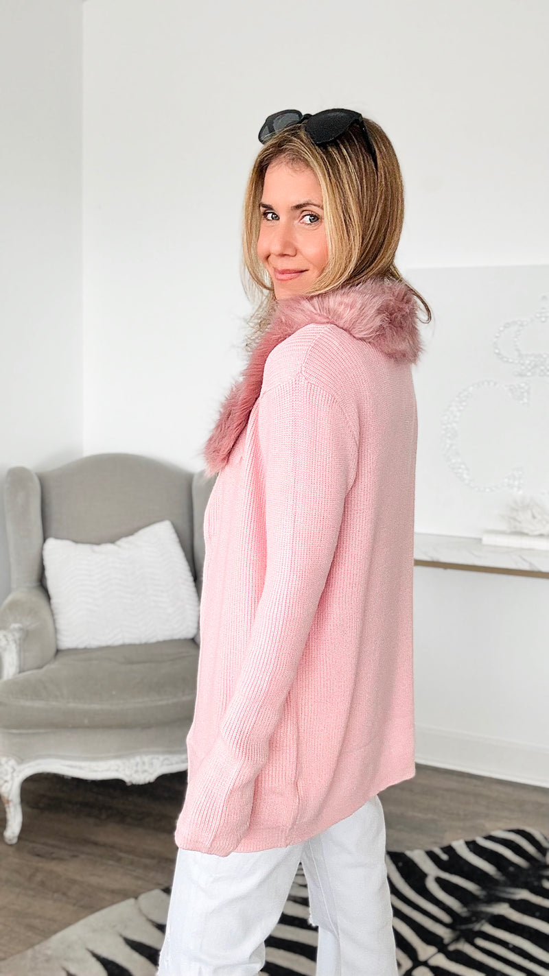 Little Secret Faux Fur Trim Long Cardigan - Pink-150 Cardigans/Layers-On Blue-Coastal Bloom Boutique, find the trendiest versions of the popular styles and looks Located in Indialantic, FL