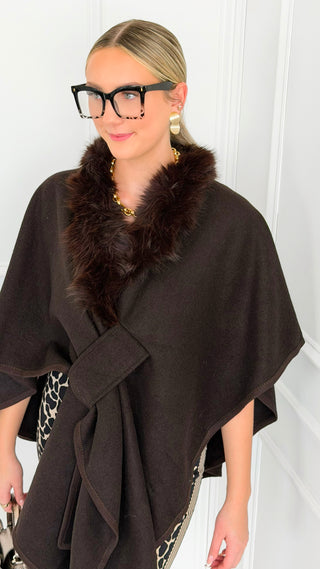 Plush Collar Wrap Poncho - Brown