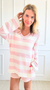 Striped V-Neck Sweater - L.Pink-140 Sweaters-Miracle-Coastal Bloom Boutique, find the trendiest versions of the popular styles and looks Located in Indialantic, FL