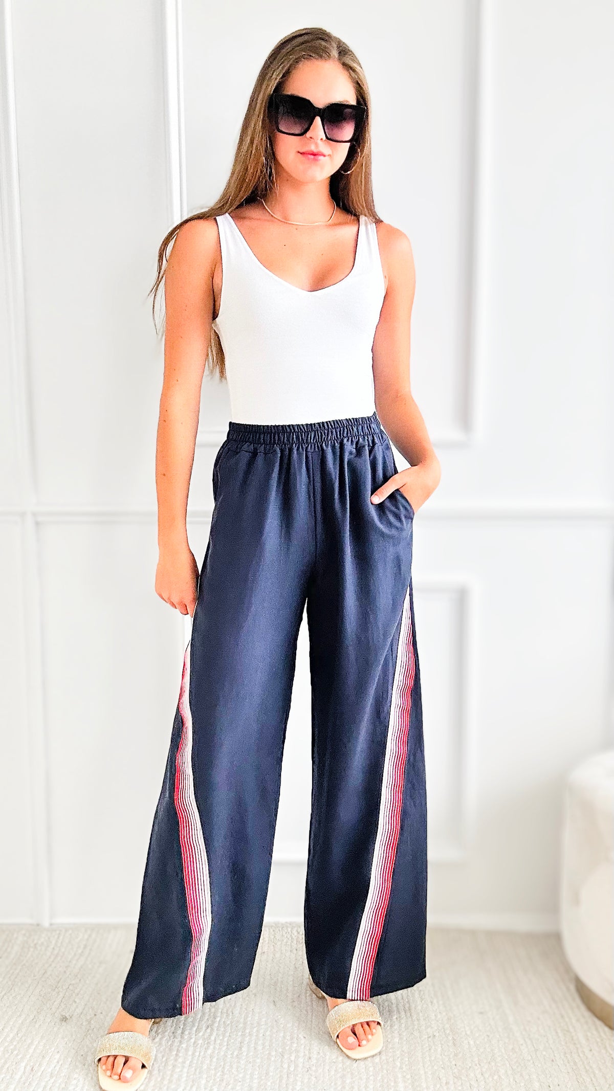 Red Ribbon Trim Italian Pant - Navy-pants-Italianissimo-Coastal Bloom Boutique, find the trendiest versions of the popular styles and looks Located in Indialantic, FL