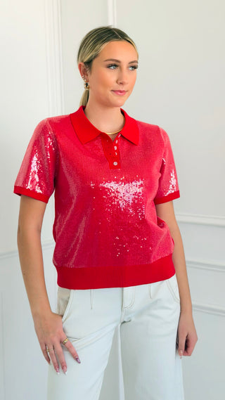 Sequin Knit Polo Top - Red